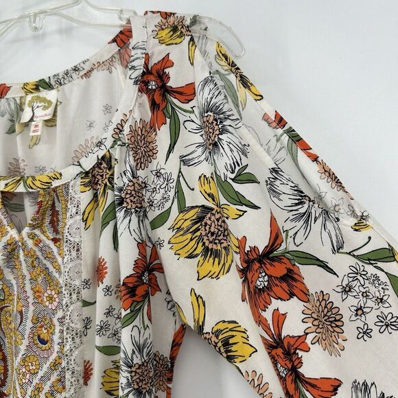 Fig & Flower Boho Peasant Top White Lace Long Slit Balloon Sleeves Yellow Size M - Picture 3 of 10